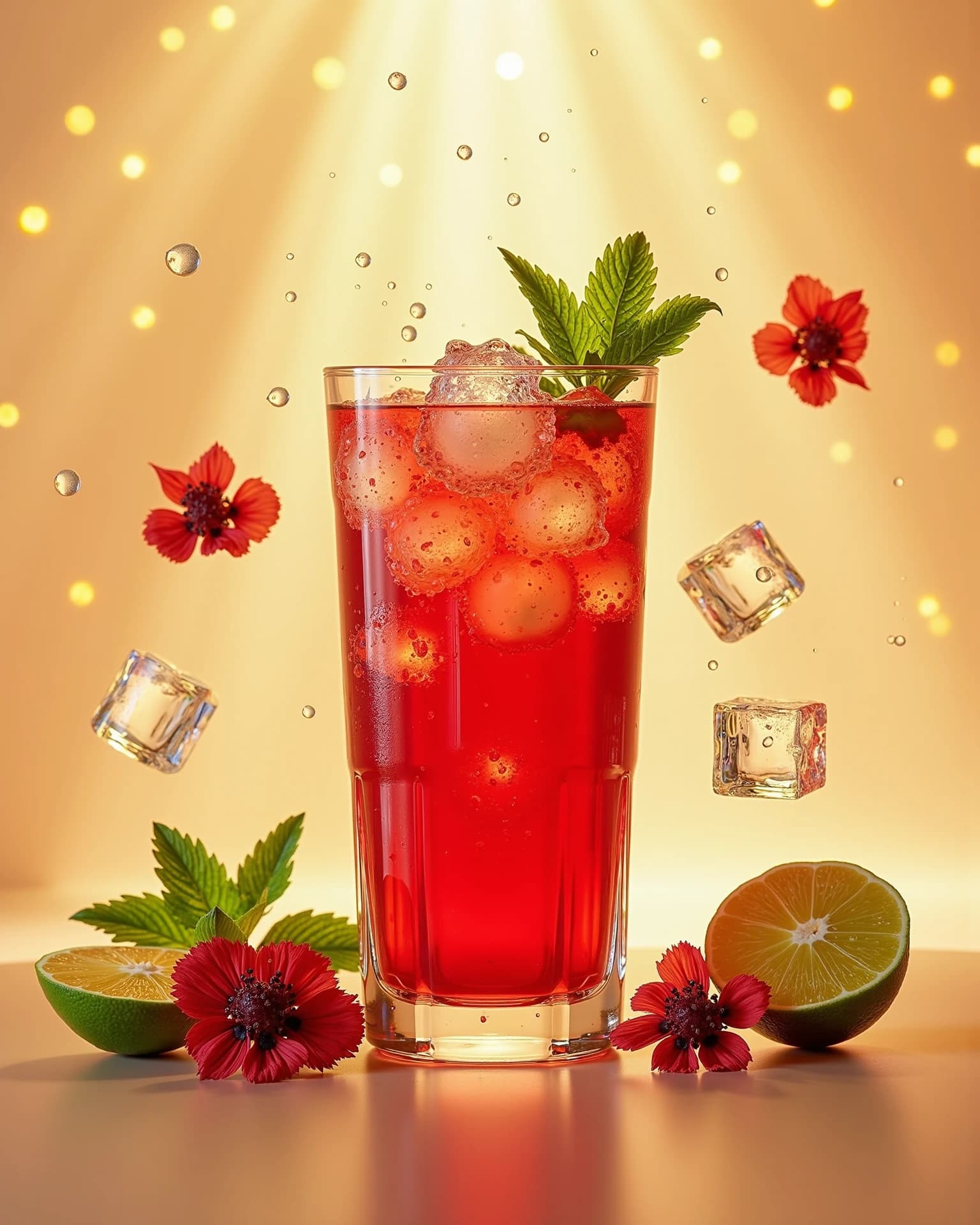 Agua fresca de jamaica con hielo y flores hibiscus