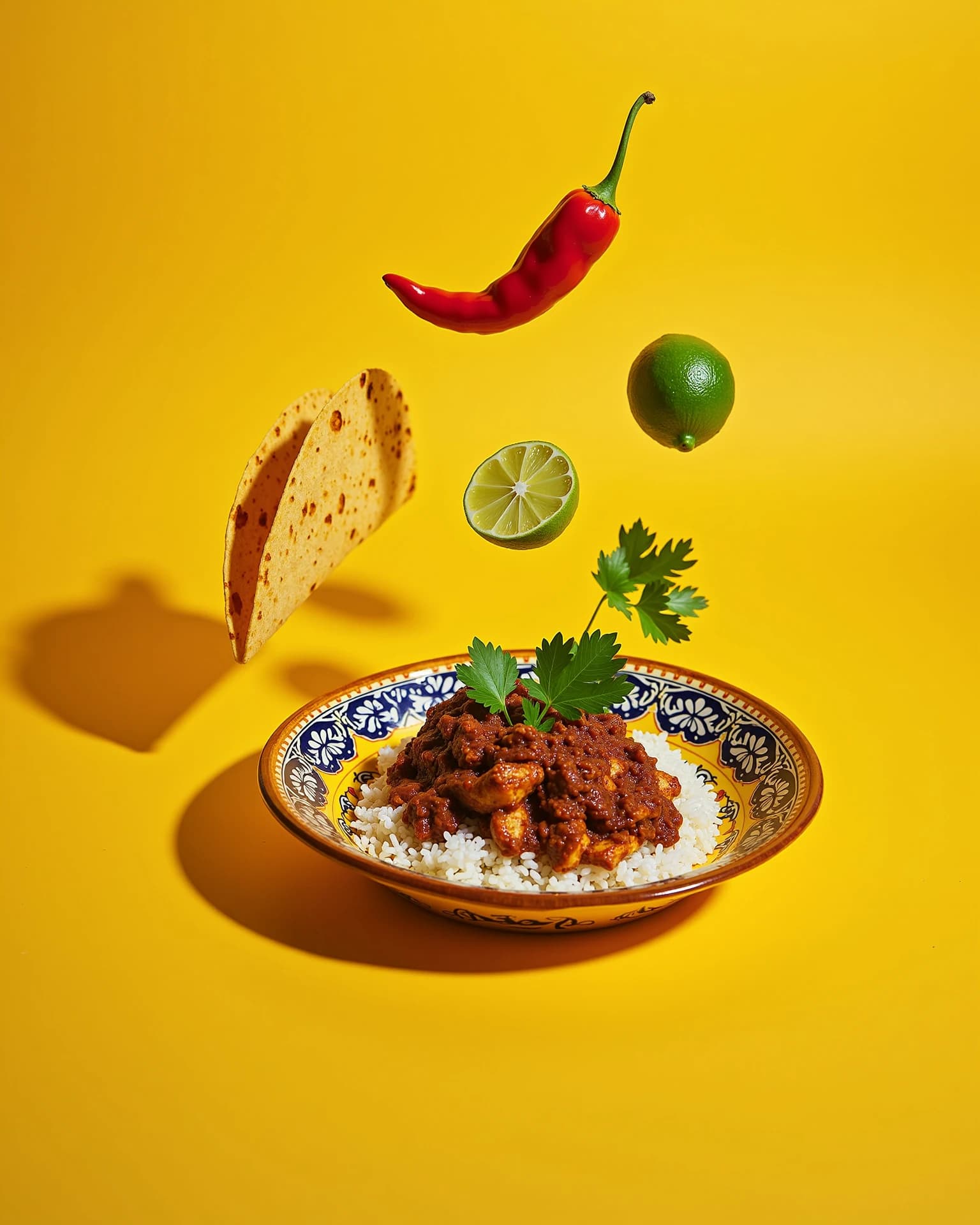 Mole poblano sobre fondo mostaza con ingredientes flotando