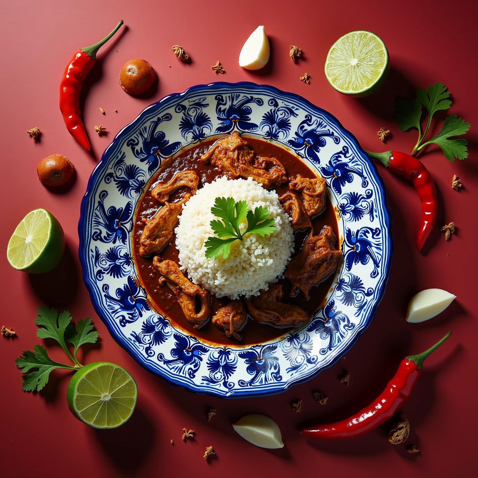 Mole del día servido en plato talavera — composición editorial