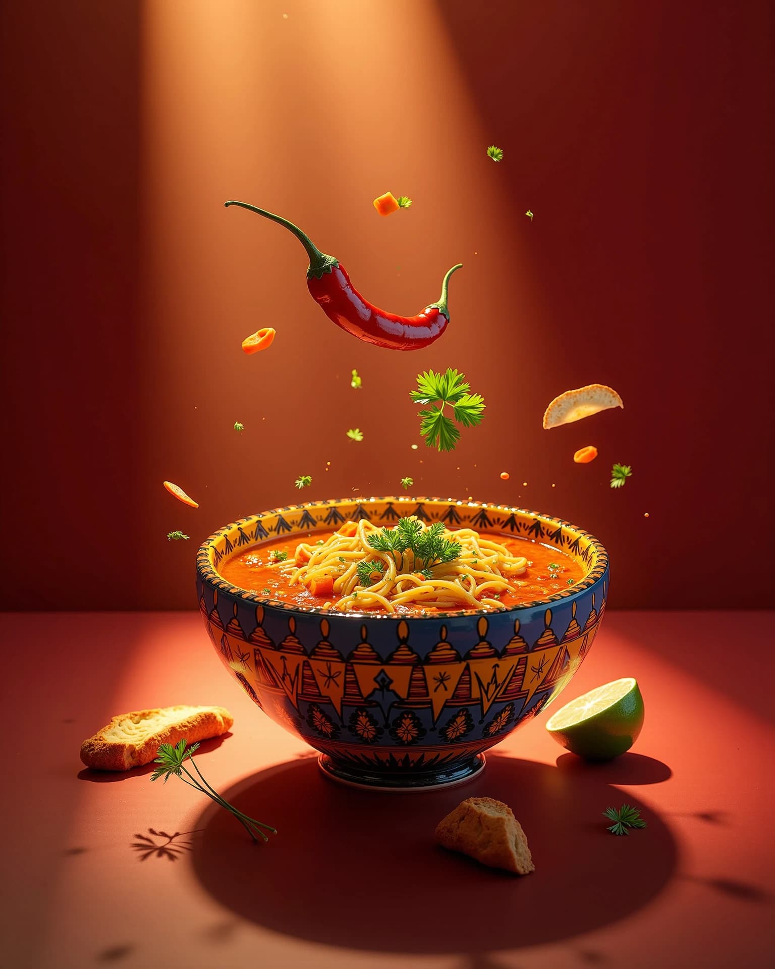 Sopa del día — composición editorial con rayos de luz